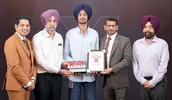 Dr. Opinder Singh, Registrar, Dr. Swaran Singh Randhawa, Dean, College of Veterinary Science, Dr. R. S. Sethi, Organizer of TEDxGADVASU and Dean, College of Animal Biotechnology with  first-year student of the COABT Mr. Gurnoor Singh Bhangoo
